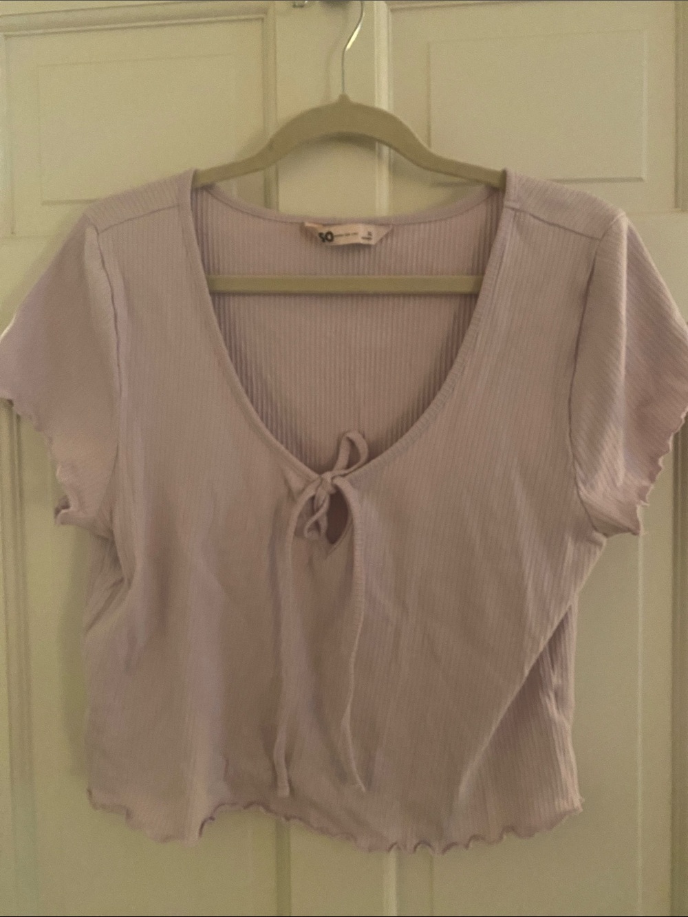 SO Lilac Ribbed Tie-Front Crop Top